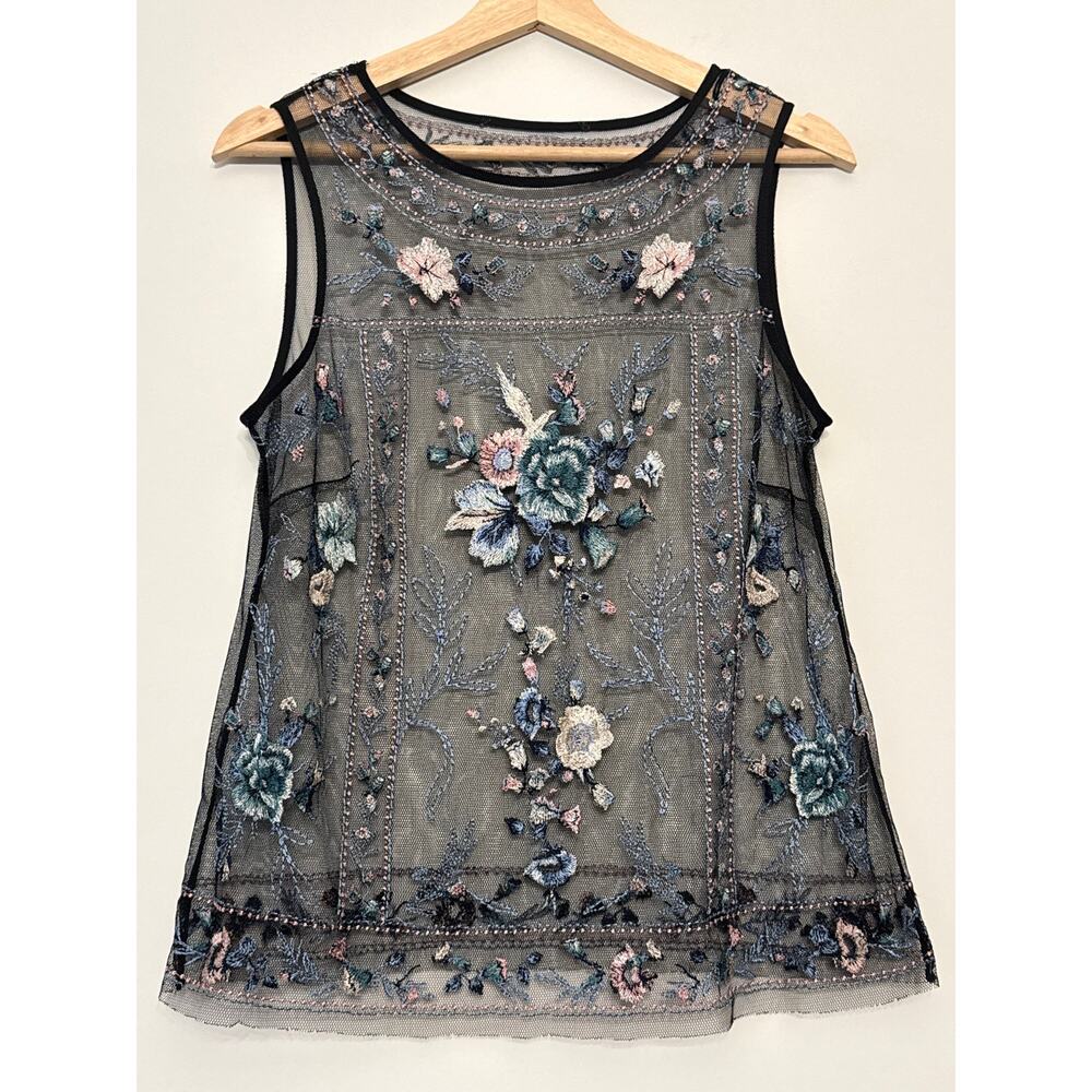 White House Black Market  Mesh Tank Top Women Black Floral Embroidered Sheer - Picture 2 of 5